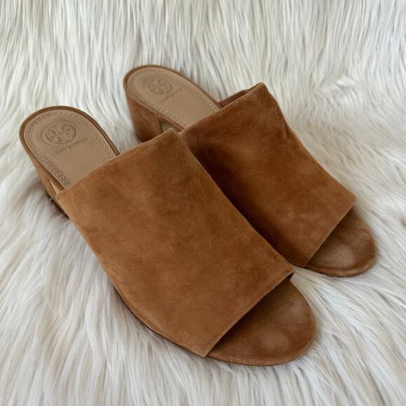 Tory Burch Salinas Mule Suede Leather Open Toe Block Heel Sandals, Tan - Picture 2 of 11